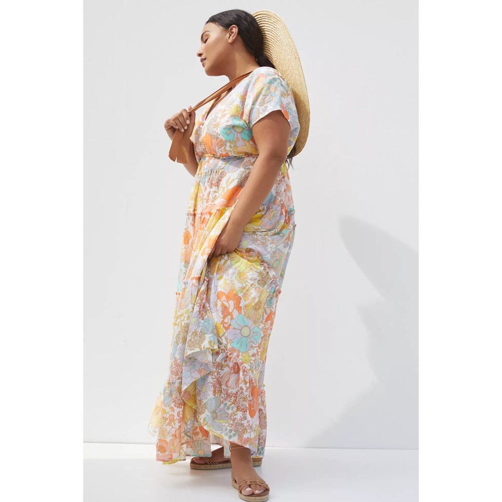 Anthropologie Floral Maxi Dress in Peach, Yellow & Light Blue - Picture 6 of 9